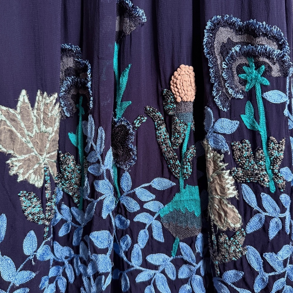 Anthropologie Not So Serious Deep Navy Swing Embroidered Embellished Dress EUC 2
